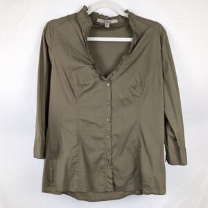 Vtg Y2K Guess Olive Green Ruffle Collar‎ Button 3/4 Sleeve Shirt Grunge Office